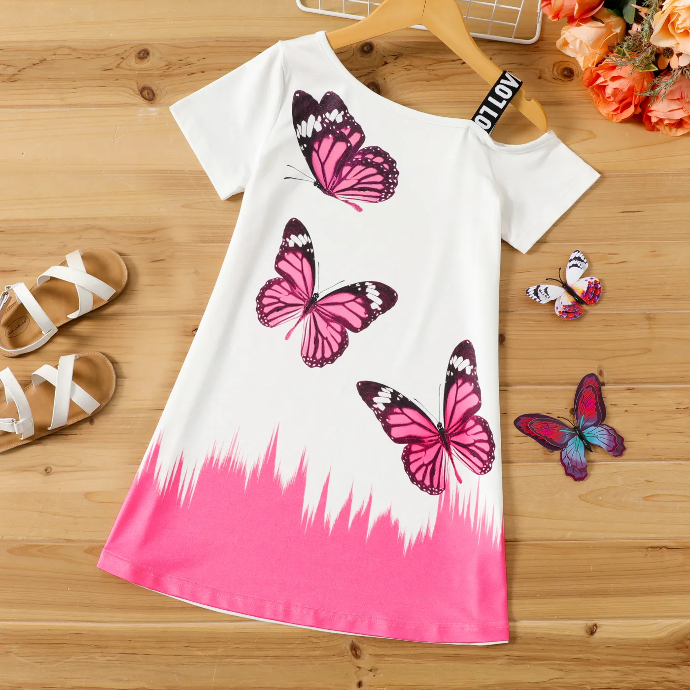 Kid Girl Butterfly Print Colorblock Cold Shoulder Short-sleeve Dress White big image 1