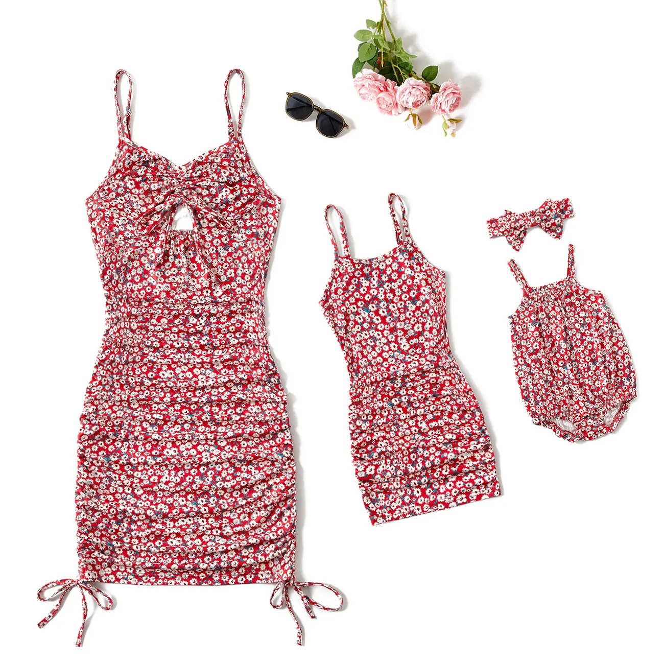 All Over Red Floral Print Spaghetti Strap Drawstring Ruched Bodycon Dress for Mom and Me REDWHITE big image 1