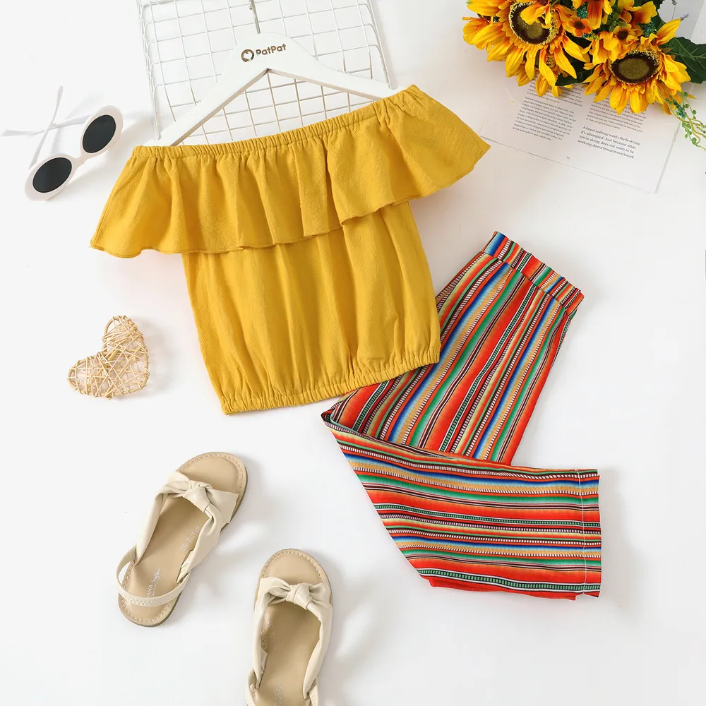 Pretty Solid Flounced Collar Top and Striped Pants Set big image 2