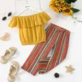 Pretty Solid Flounced Collar Top and Striped Pants Set  image 1