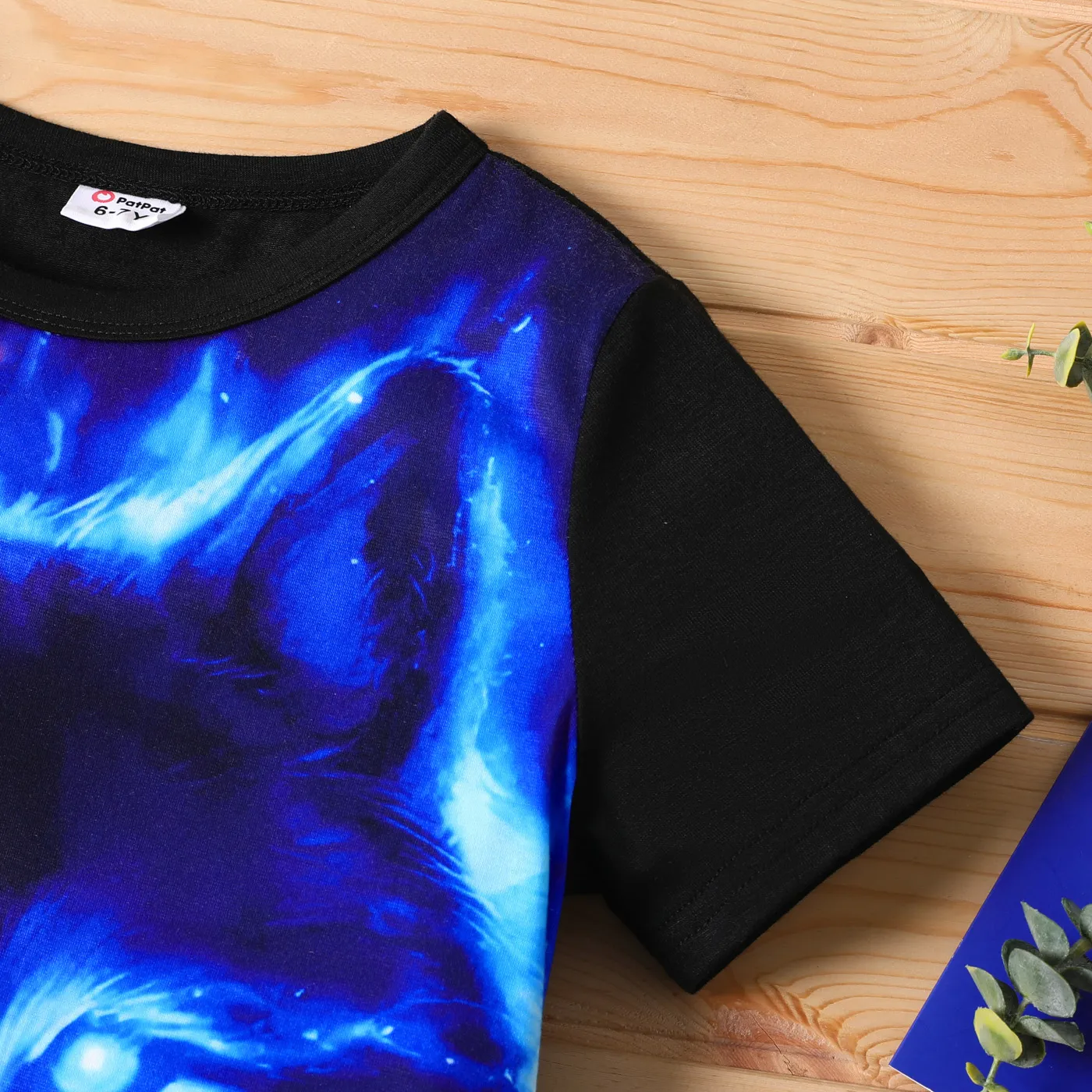 2pcs Kid Boy Animal Wolf Print Colorblock Short-sleeve Tee and Black Shorts Set Black image 3