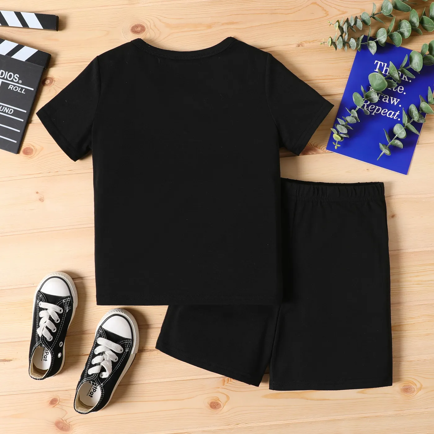 2pcs Kid Boy Animal Wolf Print Colorblock Short-sleeve Tee and Black Shorts Set Black image 5
