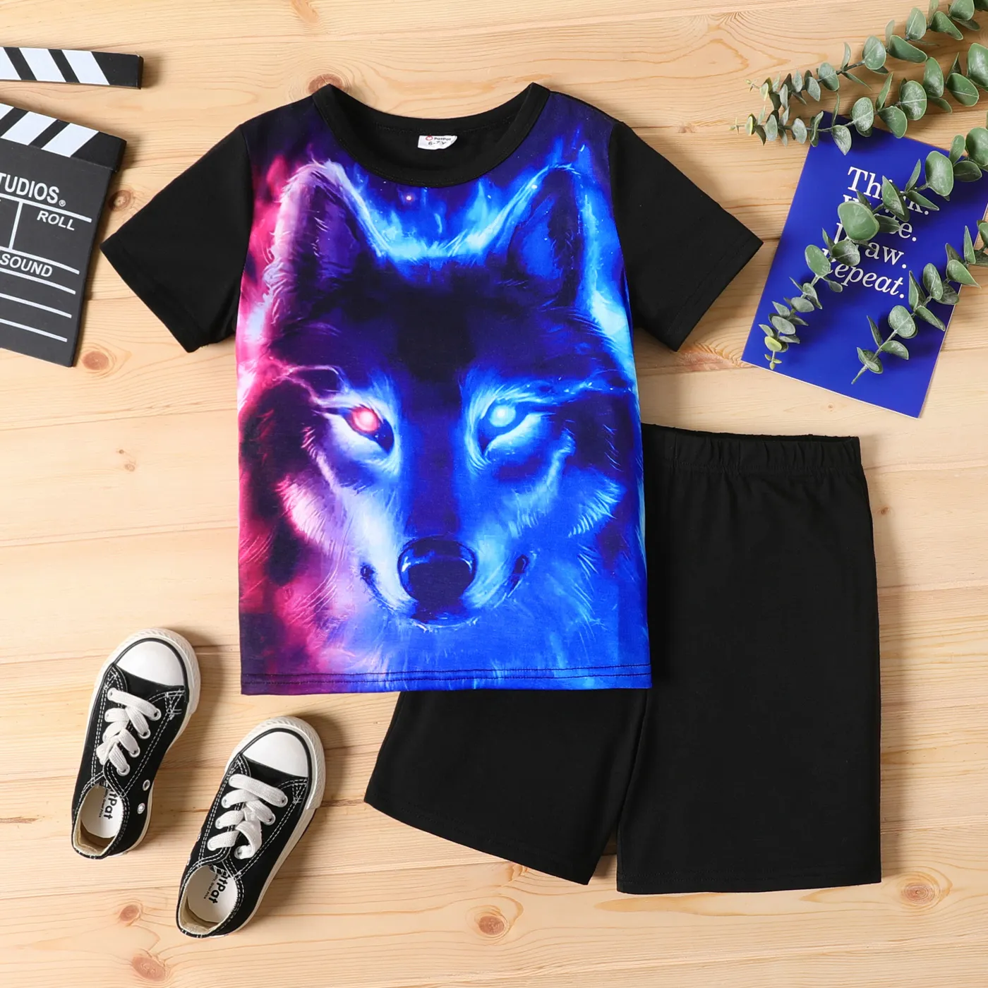 2pcs Enfant Garçon Animal Loup Imprimé Colorblock T-shirt à Manches Courtes Et Short Noir Ensemble