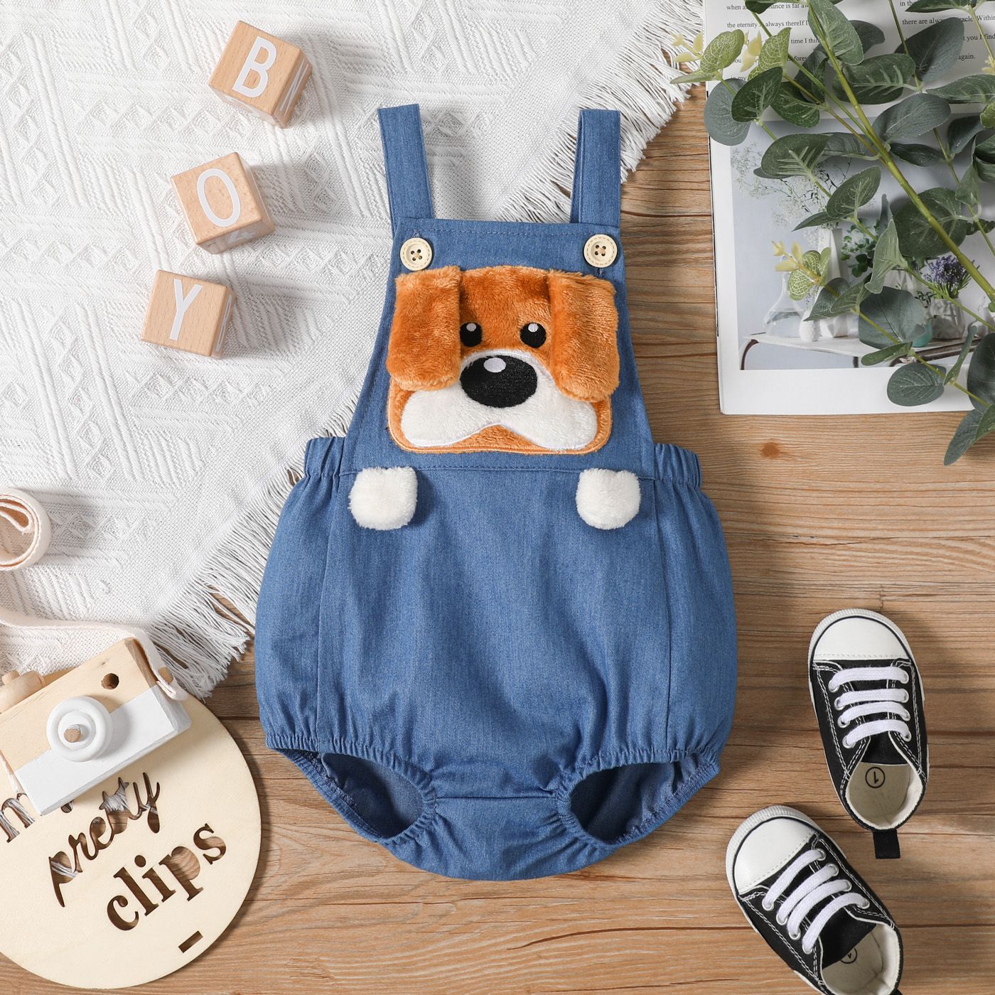 

Baby Boy Cartoon Dog Design Blue Denim Sleeveless Romper