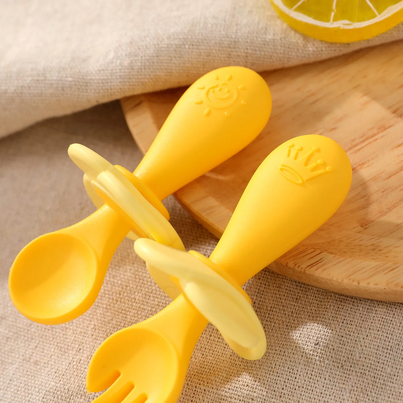 2-pack Baby Silicone Self-Feeding Spoon Fork Toddler Utensils Training Utensils Set for Self-Training Yellow