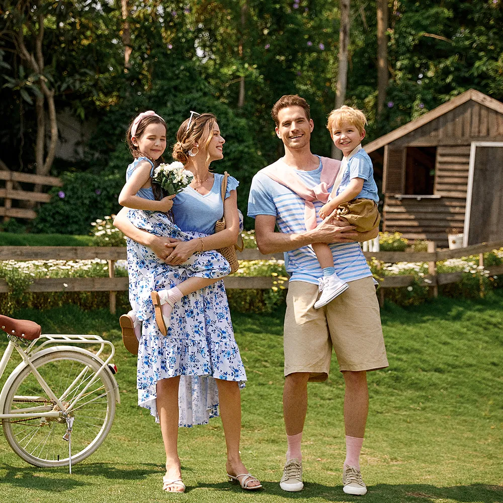 Family Matching Light Blue V Neck Flutter-sleeve Splicing Floral Print Irregular Hem Dresses and Striped T-shirts Sets big image 4