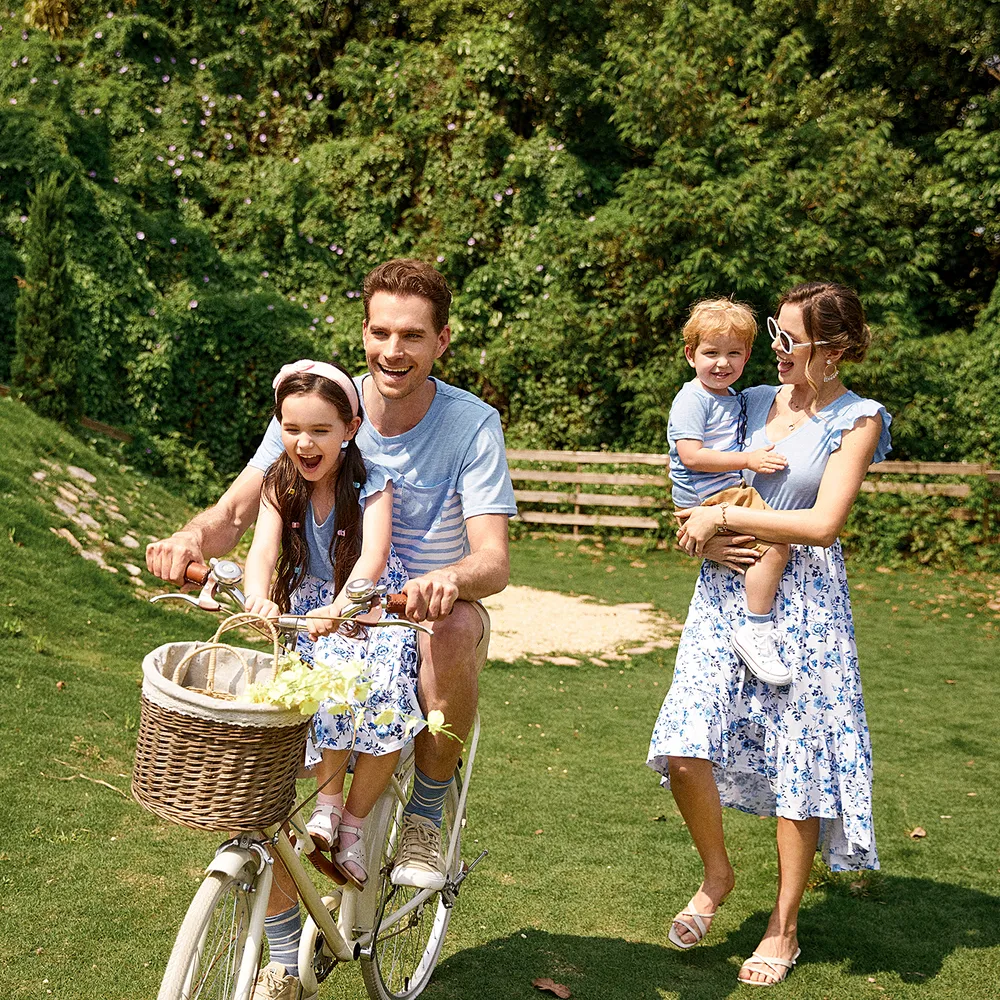 Family Matching Light Blue V Neck Flutter-sleeve Splicing Floral Print Irregular Hem Dresses and Striped T-shirts Sets big image 5