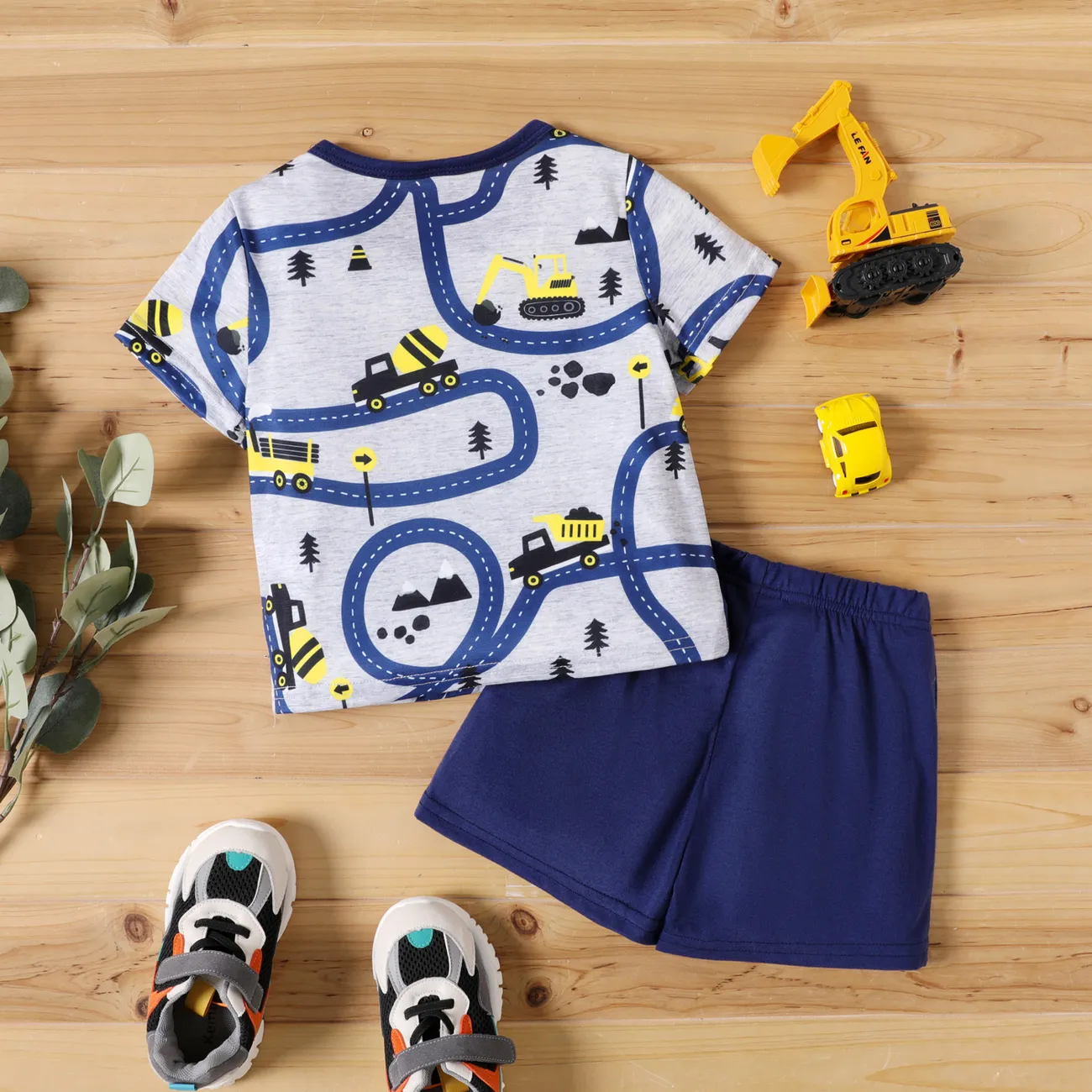 2-piece Toddler Boy Road Vehicle Print Short-sleeve Tee and Elasticized Grey Shorts Set Blue big image 1