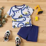 2-piece Toddler Boy Road Vehicle Print Short-sleeve Tee and Elasticized Grey Shorts Set Blue