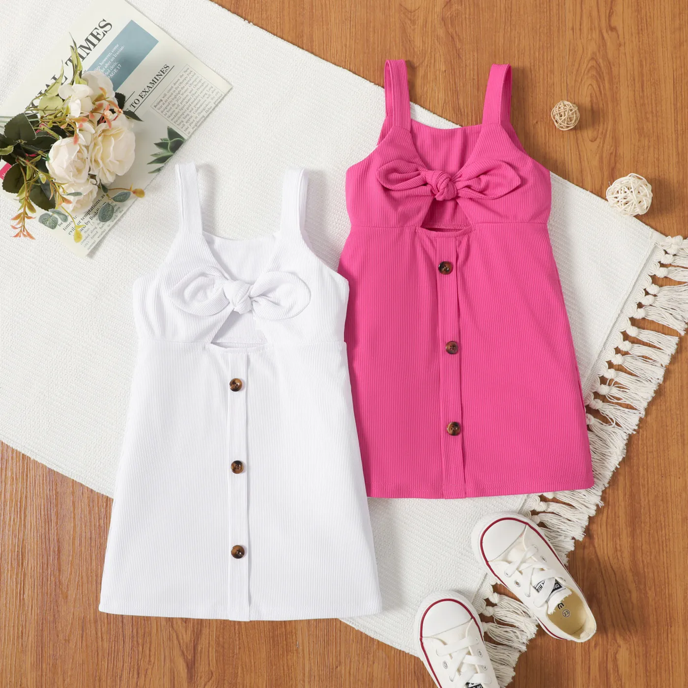 

Toddler Girl Bowknot Button Design Cut Out Solid Color Cami Dress