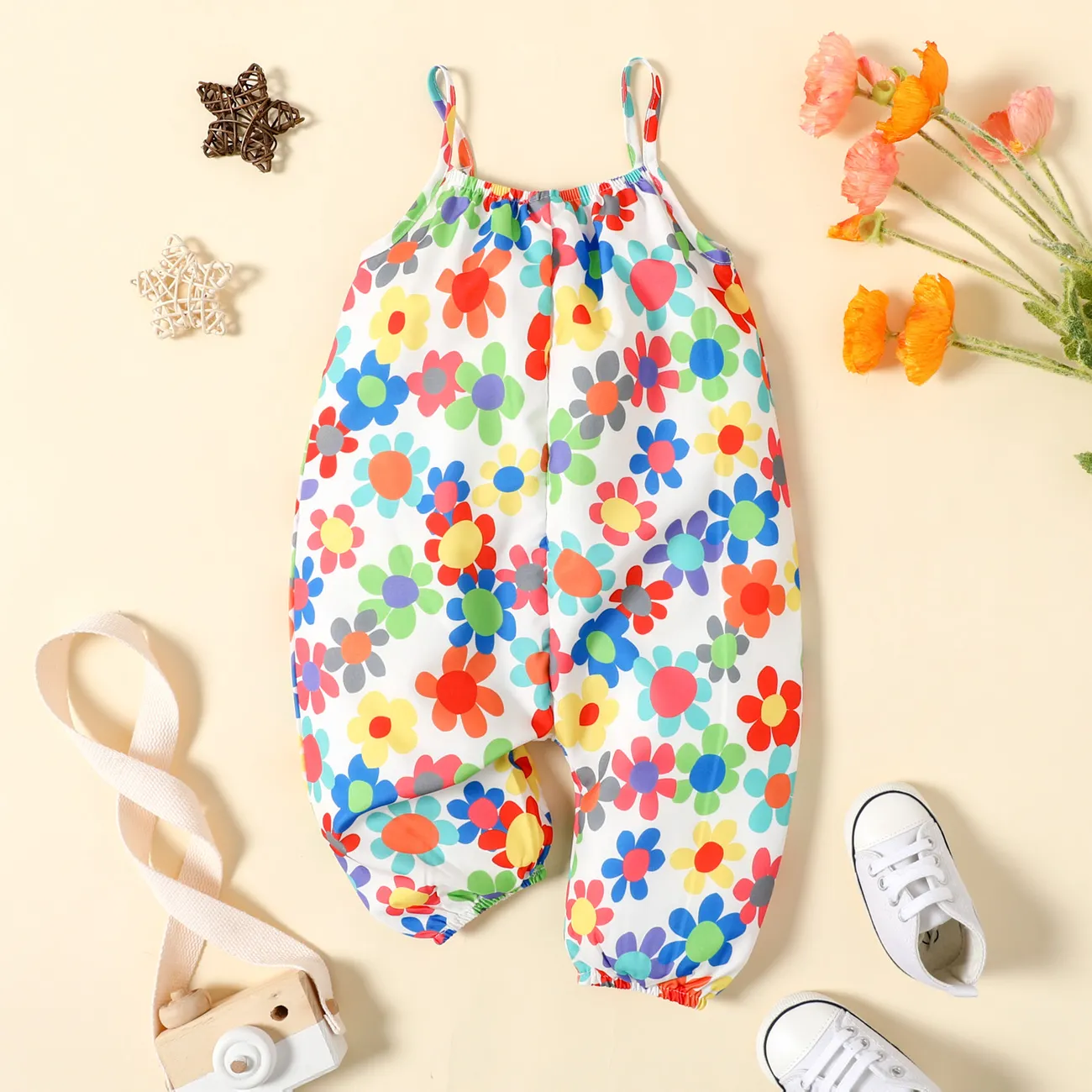 Baby Girl All Over Colorful Floral Print Spaghetti Strap Jumpsuit MultiColour big image 1