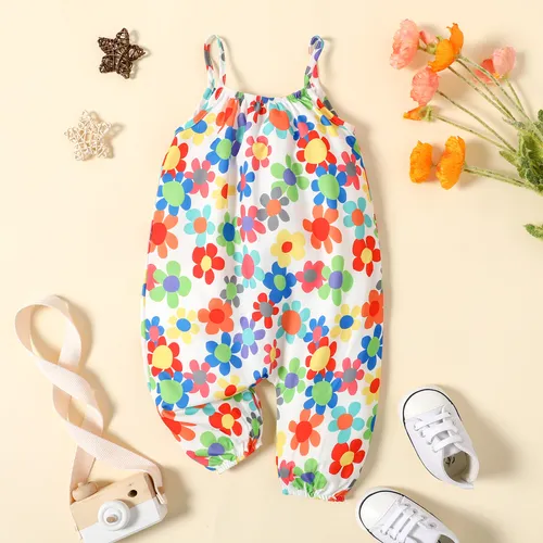 Baby Girl All Over Colorful Floral Print Spaghetti Strap Jumpsuit