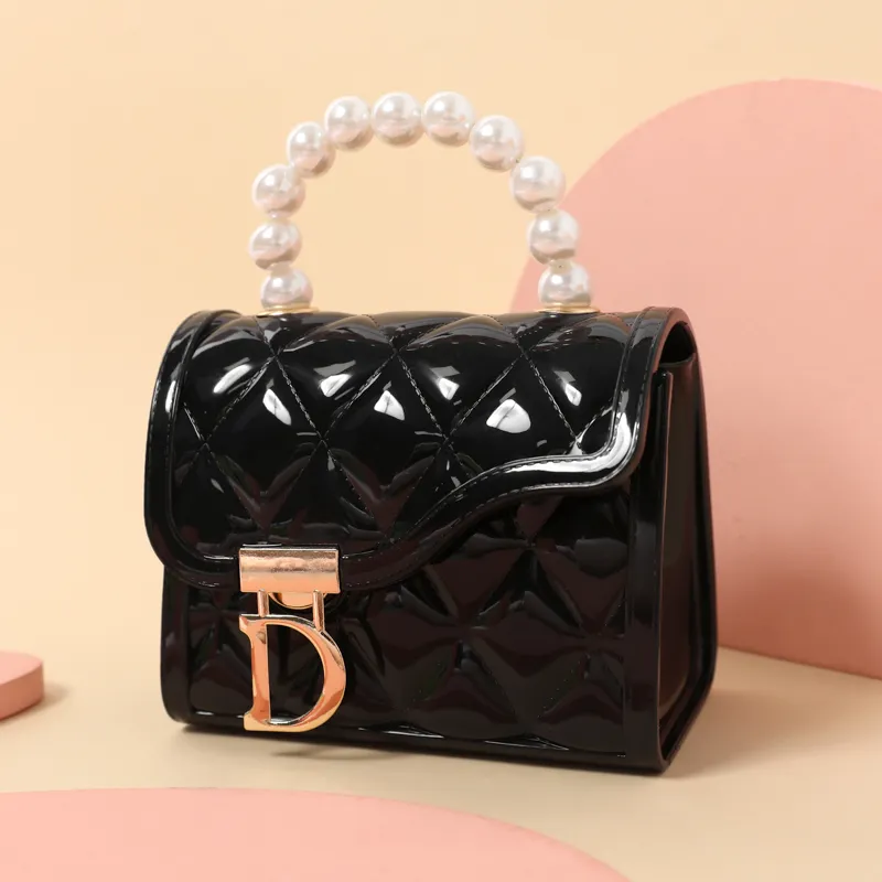bolso satchel lingge con diseño geométrico y cierre de metal con asa de perlas sintéticas para niños pequeños/niños Negro big image 1