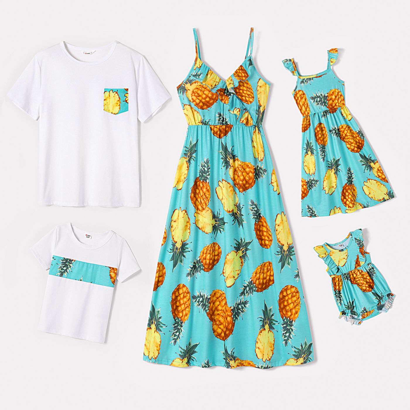 

Family Matching Allover Pineapple Print Spaghetti Strap V Neck Midi Dresses and Short-sleeve Splice T-shirts Sets