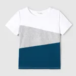 Family Matching Solid V Neck Flutter-sleeve Splicing Floral Print Dresses and Short-sleeve Colorblock T-shirts Sets Azure image 5