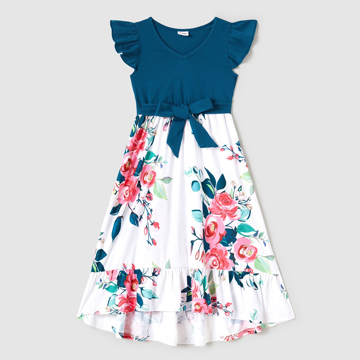 Family Matching Solid V Neck Flutter-sleeve Splicing Floral Print Dresses and Short-sleeve Colorbloc