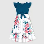 Family Matching Solid V Neck Flutter-sleeve Splicing Floral Print Dresses and Short-sleeve Colorblock T-shirts Sets Azure image 6