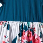 Family Matching Solid V Neck Flutter-sleeve Splicing Floral Print Dresses and Short-sleeve Colorblock T-shirts Sets Azure image 3