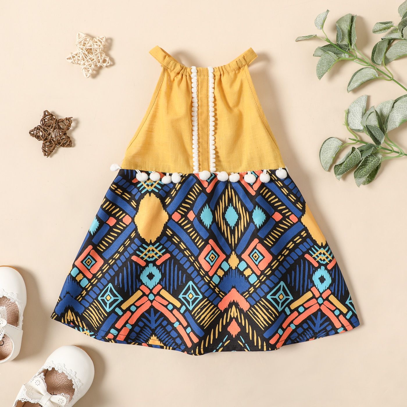 

Baby Girl 100% Cotton Solid and Geometric Print Spliced Halter Neck Backless Pom Poms Dress