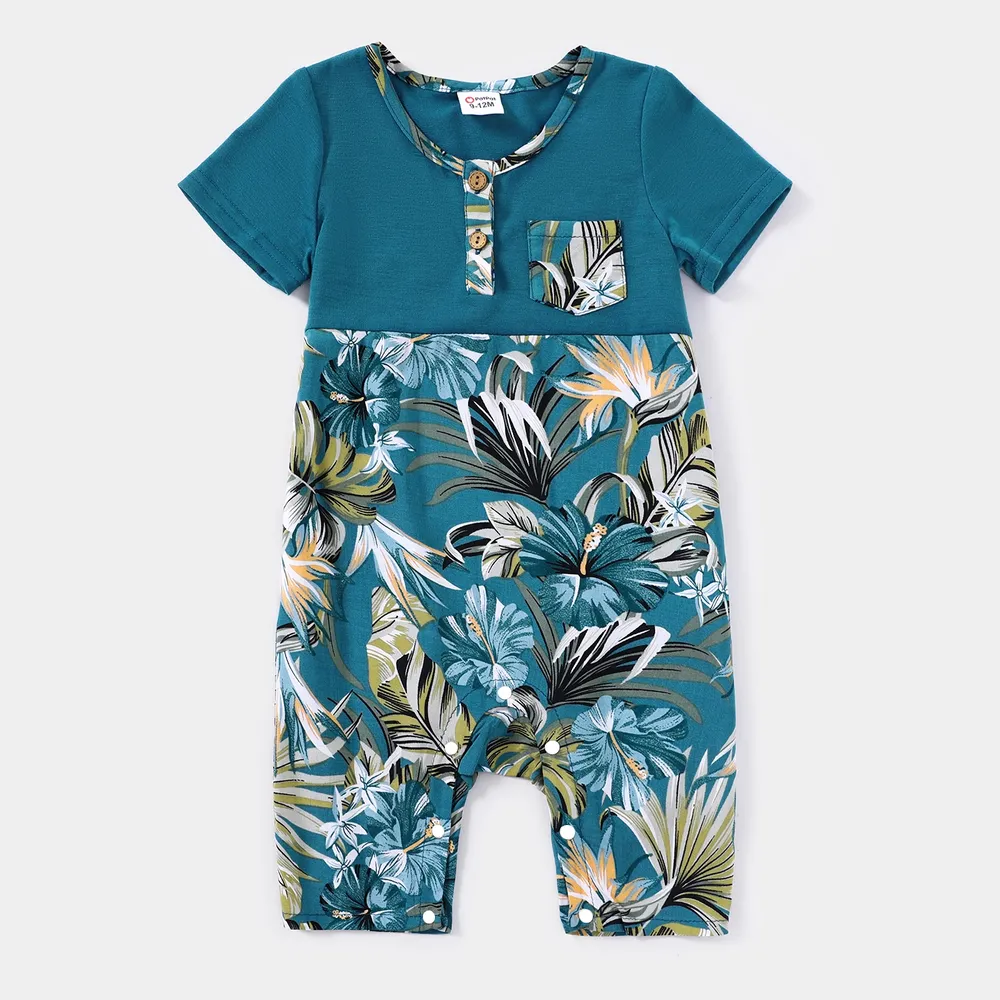 Family Matching All Over Floral Print Blue V Neck Ruffle Dresses and Short-sleeve Splicing T-shirts Sets big image 1