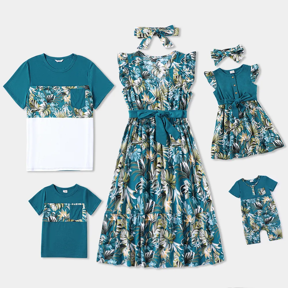 Family Matching All Over Floral Print Blue V Neck Ruffle Dresses and Short-sleeve Splicing T-shirts Sets  big image 2