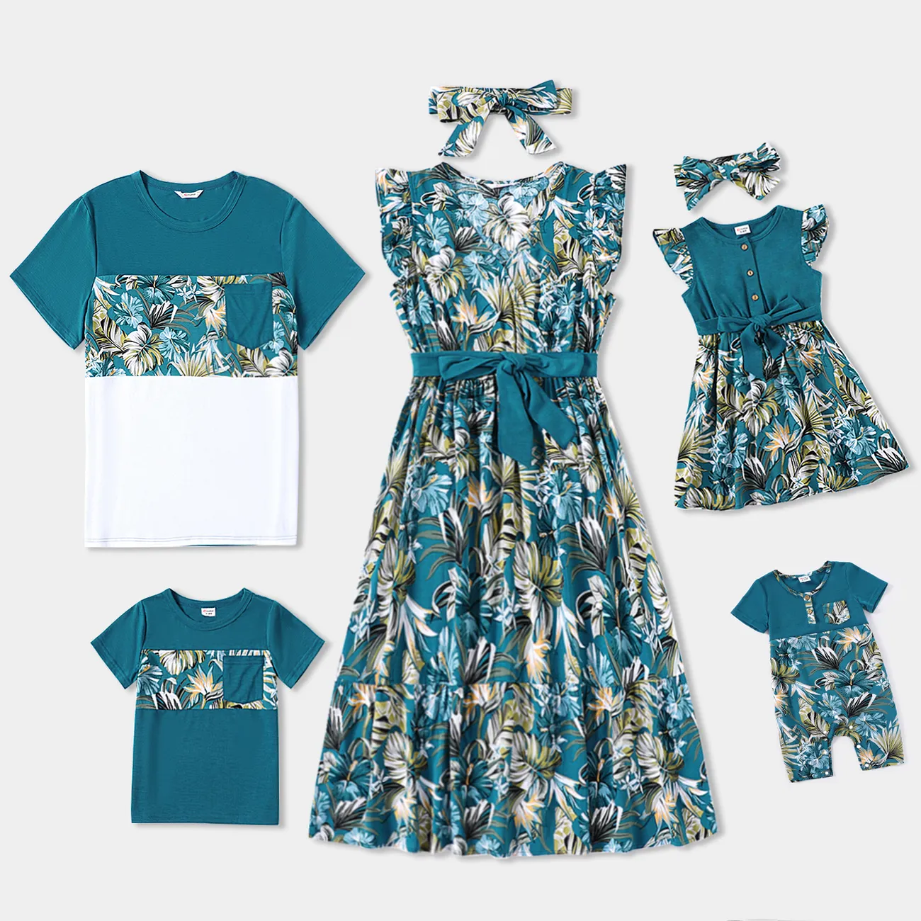 Family Matching All Over Floral Print Blue V Neck Ruffle Dresses and Short-sleeve Splicing T-shirts Sets BLUEWHITE big image 1