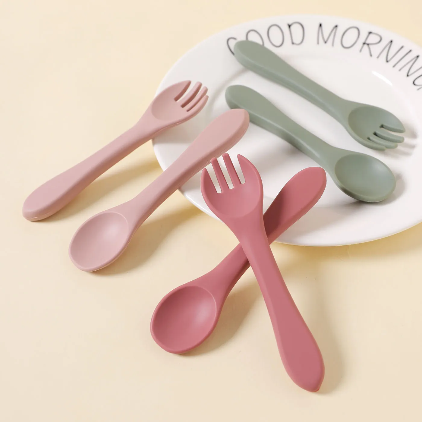 Food Grade Silicone Self-Feeding Spoon Fork Baby Toddler Utensils Training Utensils Set for Self-Training