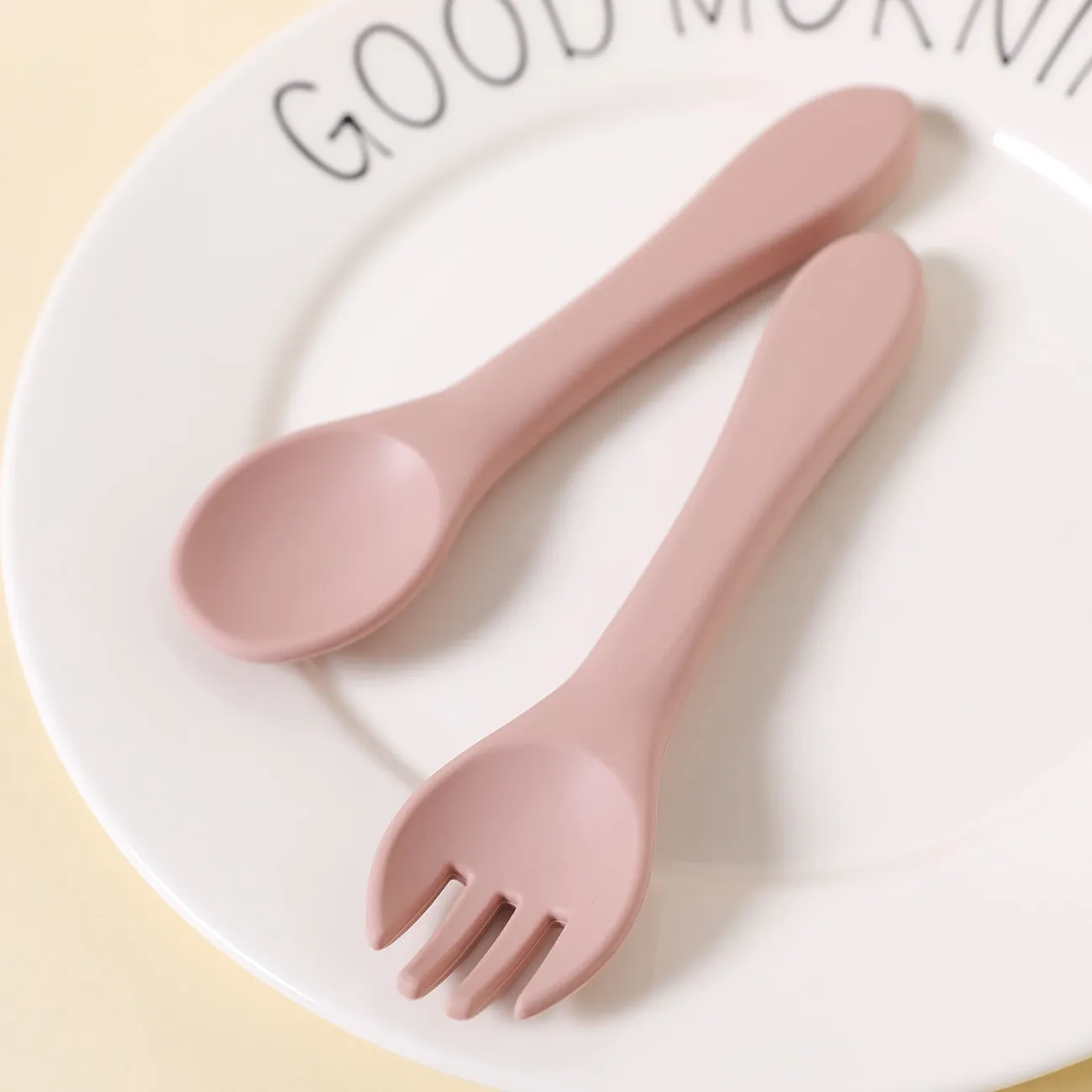 Food Grade Silicone Self-Feeding Spoon Fork Baby Toddler Utensils Training Utensils Set for Self-Training Light Pink big image 1
