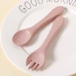 Food Grade Silicone Self-Feeding Spoon Fork Baby Toddler Utensils Training Utensils Set for Self-Training Light Pink