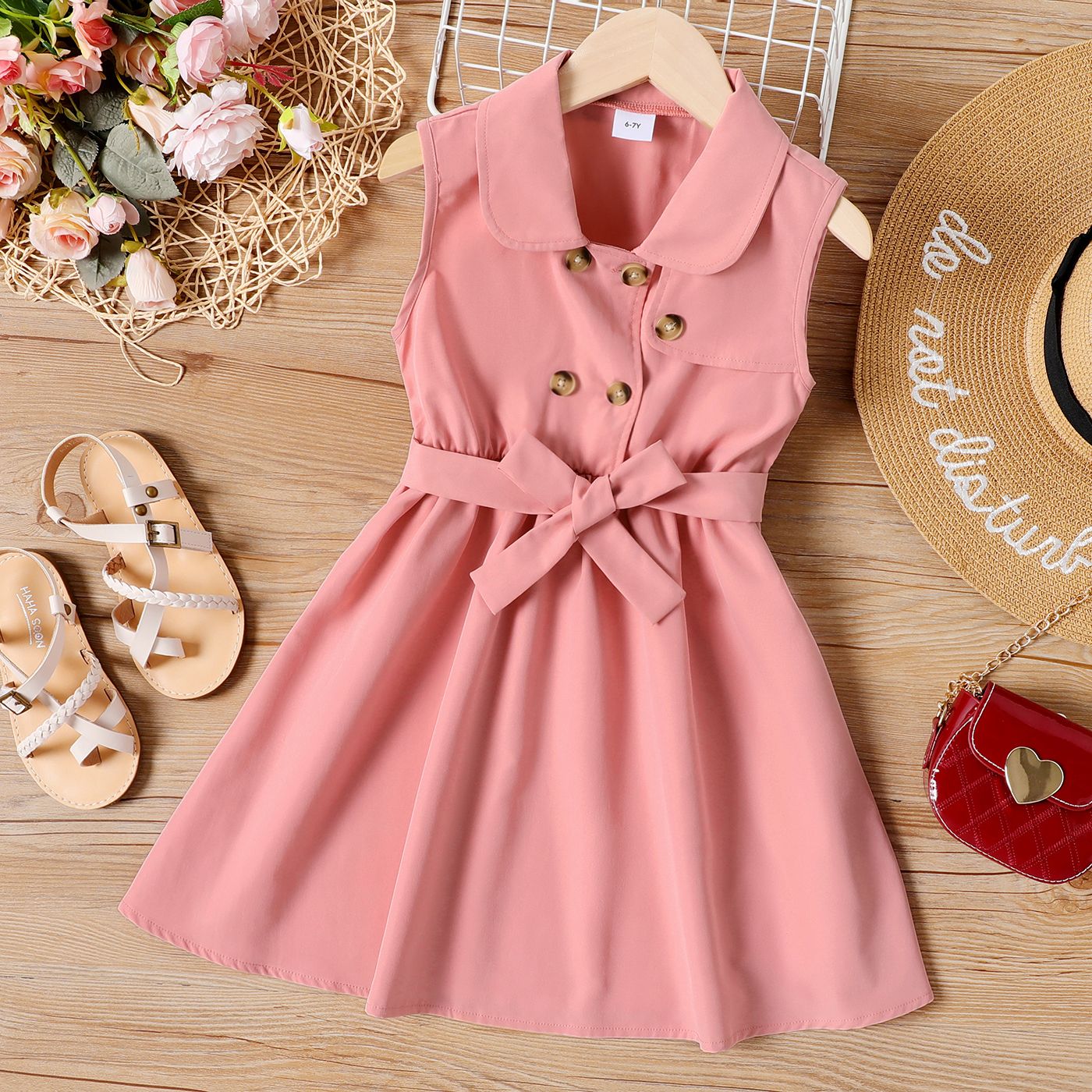 

Kid Girl Solid Color Doll Collar Button Design Sleeveless Belted Dress