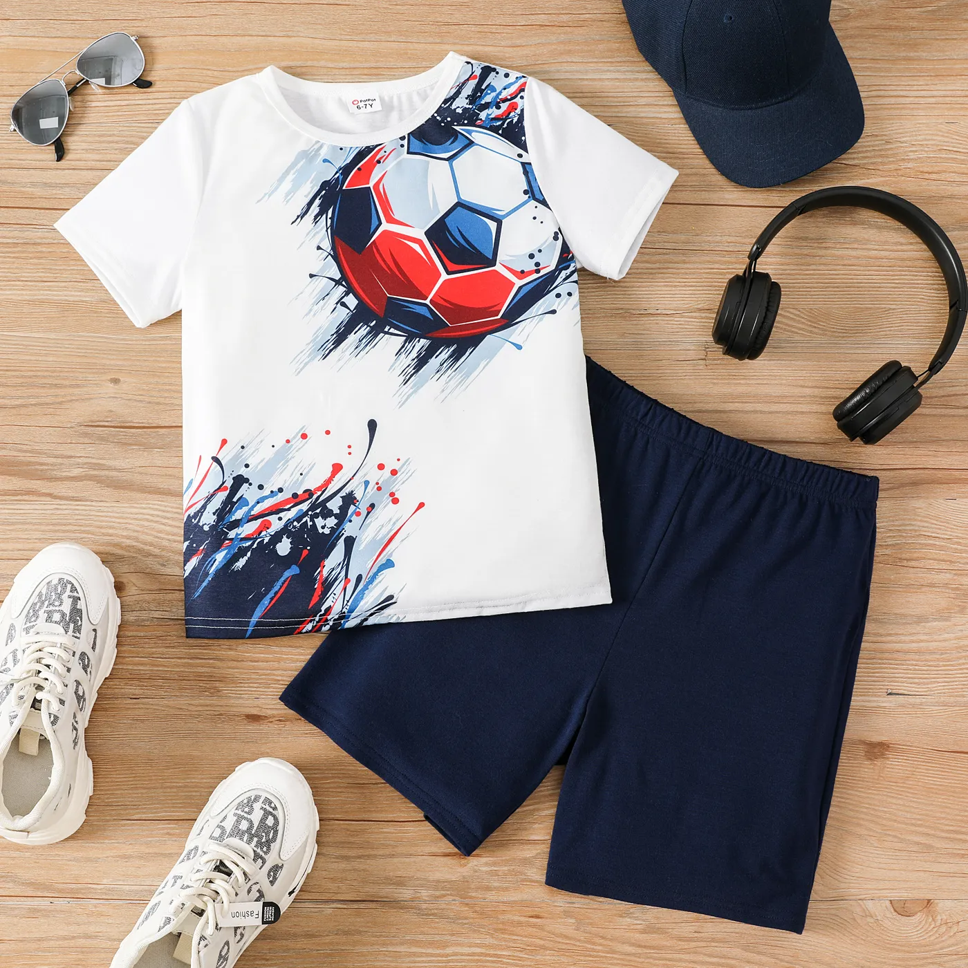 2pcs Kid Boy Balls Print Short-sleeve Tee and Dark Blue Shorts Set Tibetanbluewhite image 6