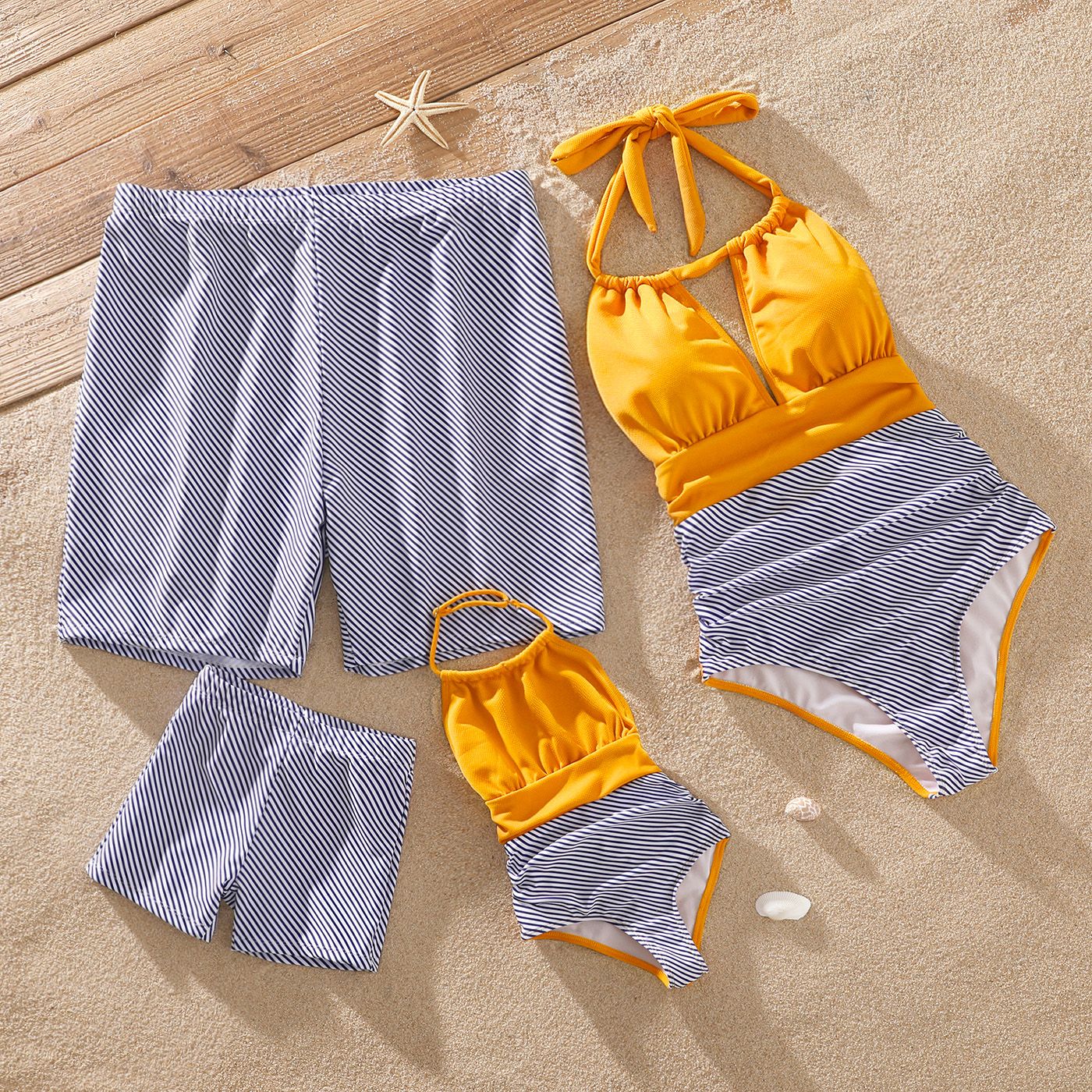 

Family Matching Pinstriped Colorblock Self-tie Halter Neck One-Piece Swimsuit and Swim Trunks Shorts