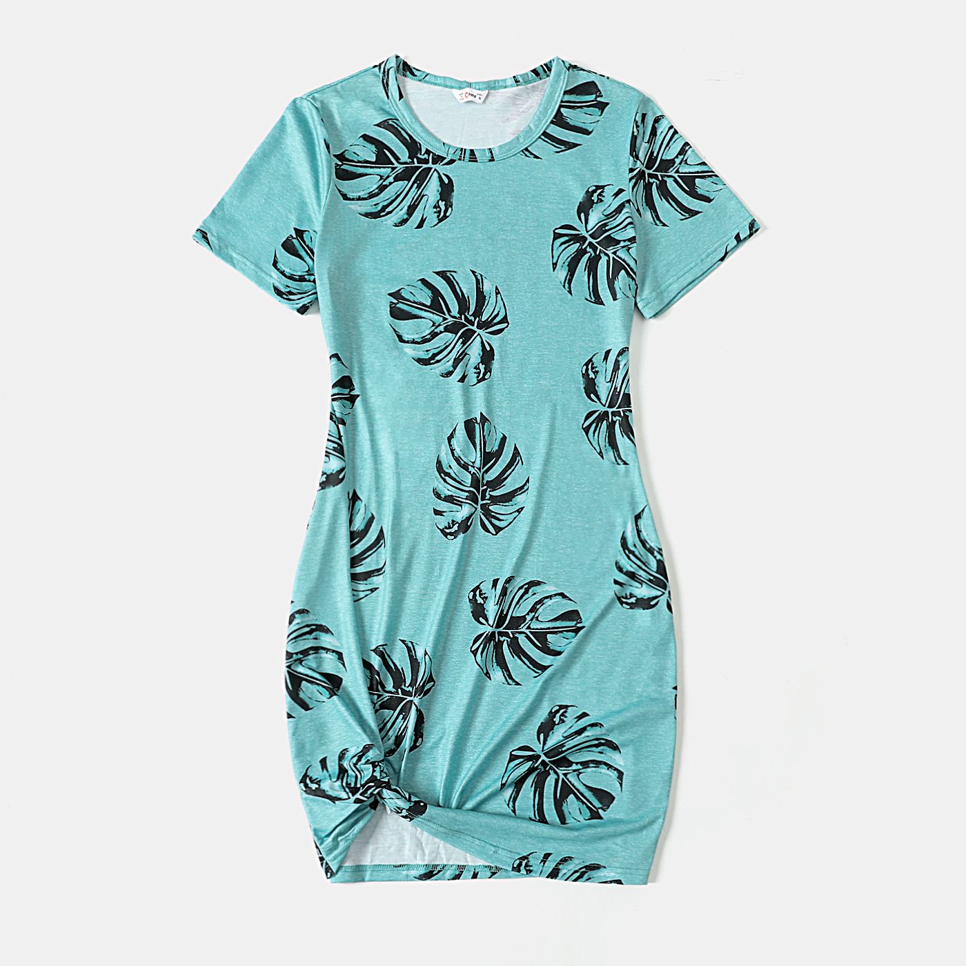 Allover Palm Leaf Print Grey Short-sleeve Twist Knot Bodycon Dress for Mom and Me
