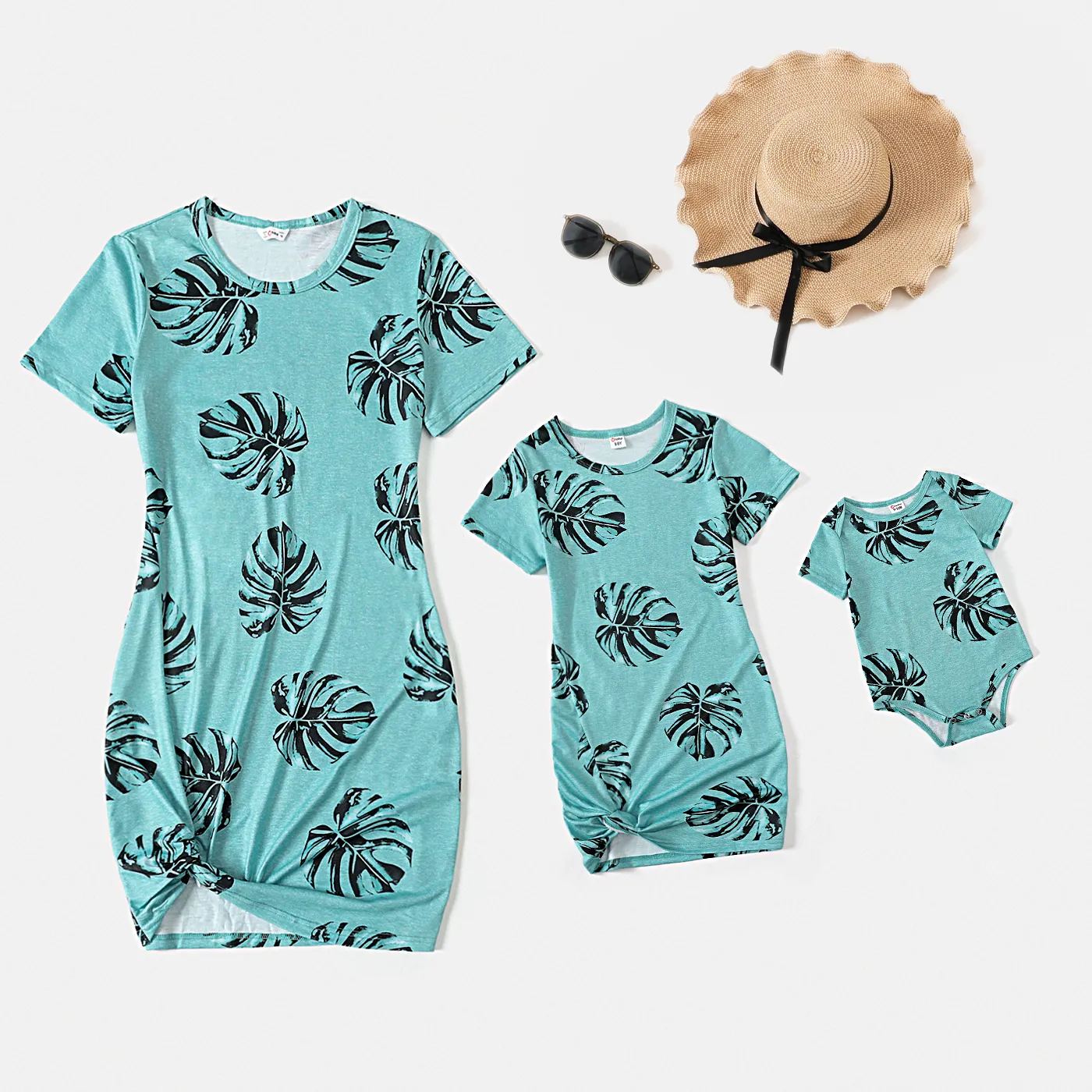 

Allover Palm Leaf Print Grey Short-sleeve Twist Knot Bodycon Dress for Mom and Me