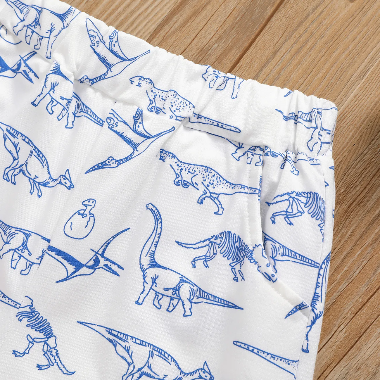 Kid Boy Animal Dinosaur Print Patch Embroidered Elasticized Shorts White big image 1