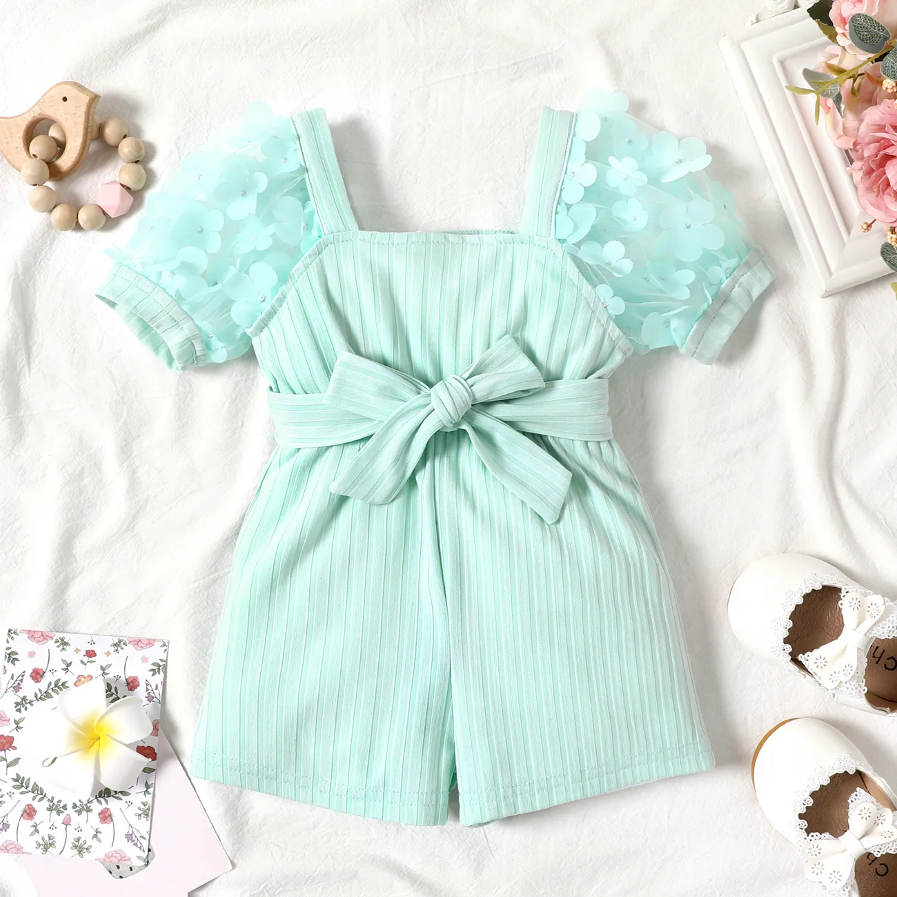 Baby Girl Pink Beaded Floral Applique Puff-sleeve Ribbed Belted Romper Light Green big image 1