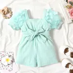 Baby Girl Pink Beaded Floral Applique Puff-sleeve Ribbed Belted Romper Light Green