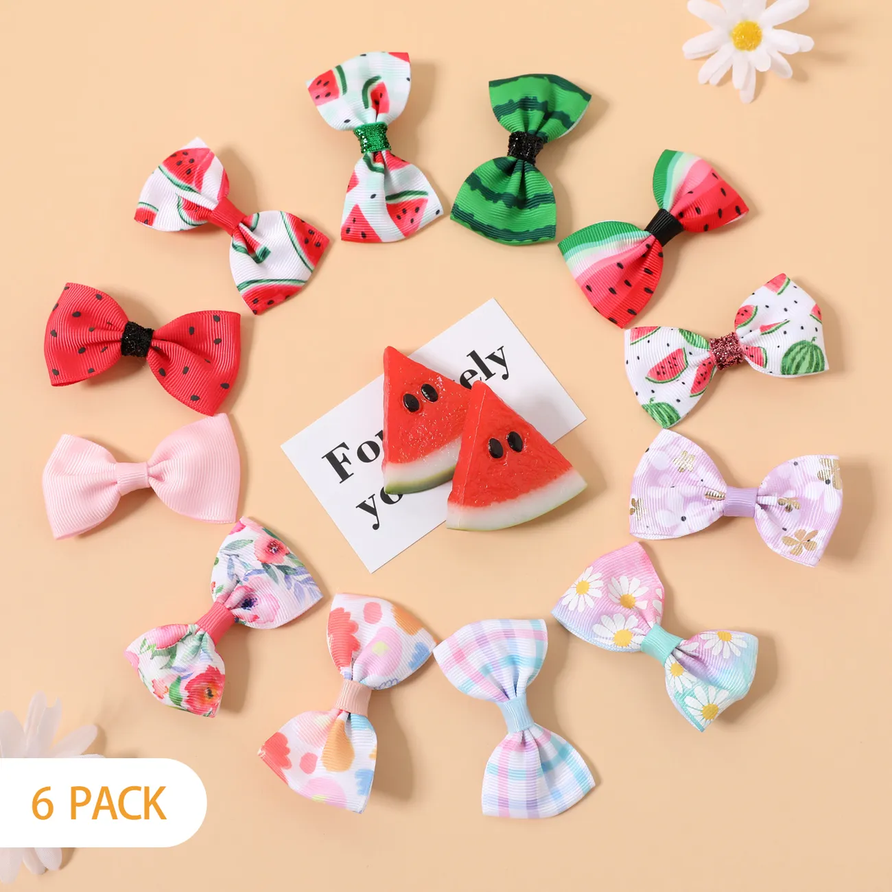 Paquete de 6 pinzas para el cabello acanaladas con estampado de flores de frutas para niñas Color-A big image 1