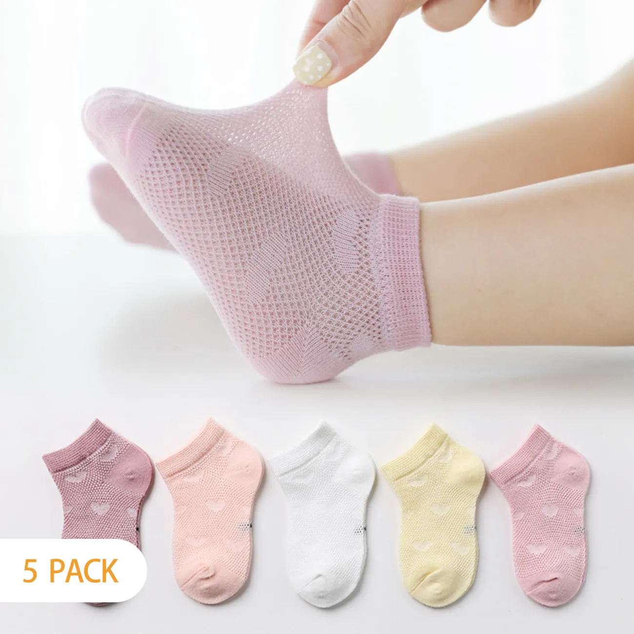 5-pairs Baby / Toddler / Kid Heart Stars Pattern Mesh Panel Socks Pink big image 1