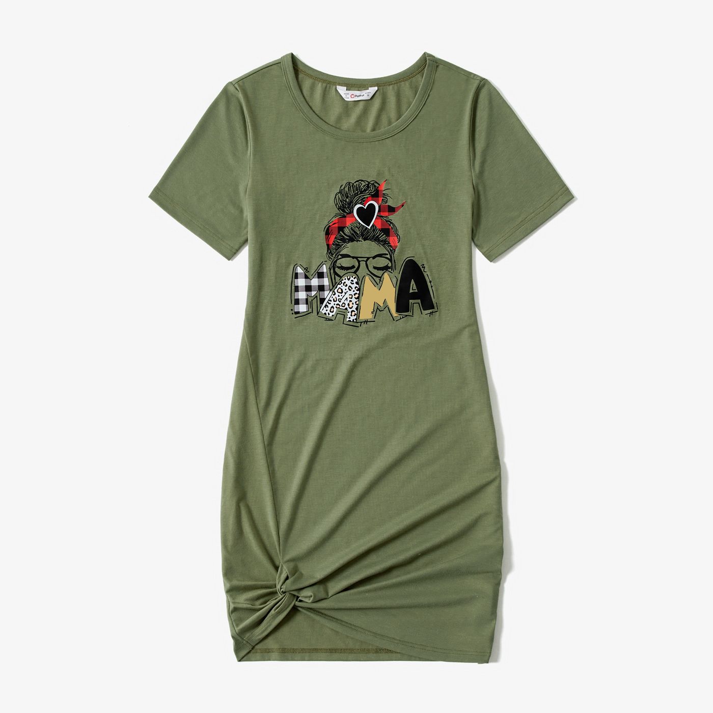 Mommy And Me Characters Letter Print Army Green Short-sleeve Twist Knot T-shirt Dress For Mom And Me