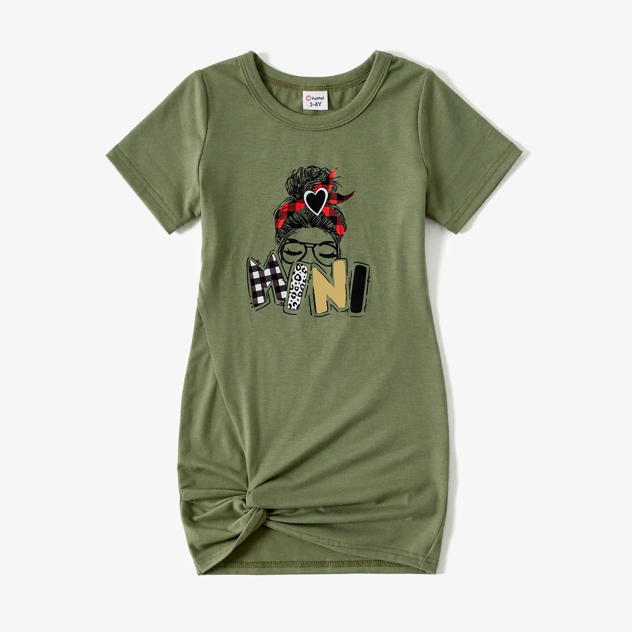 Mommy and Me Characters Letter Print Army Green Short-sleeve Twist Knot T-shirt Dress for Mom and Me LightArmyGreen big image 1