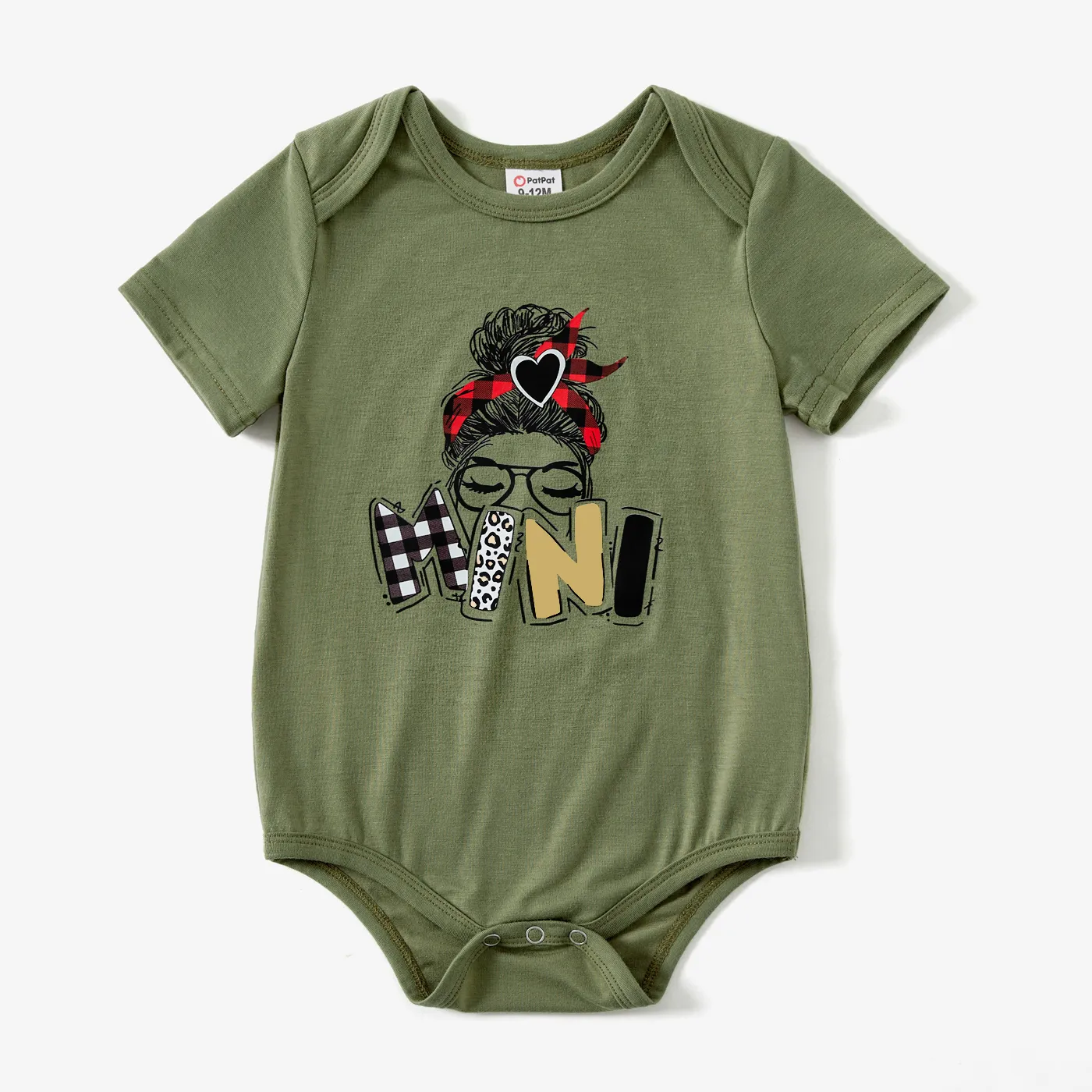 Mommy And Me Characters Letter Print Army Green Short-sleeve Twist Knot T-shirt Dress For Mom And Me