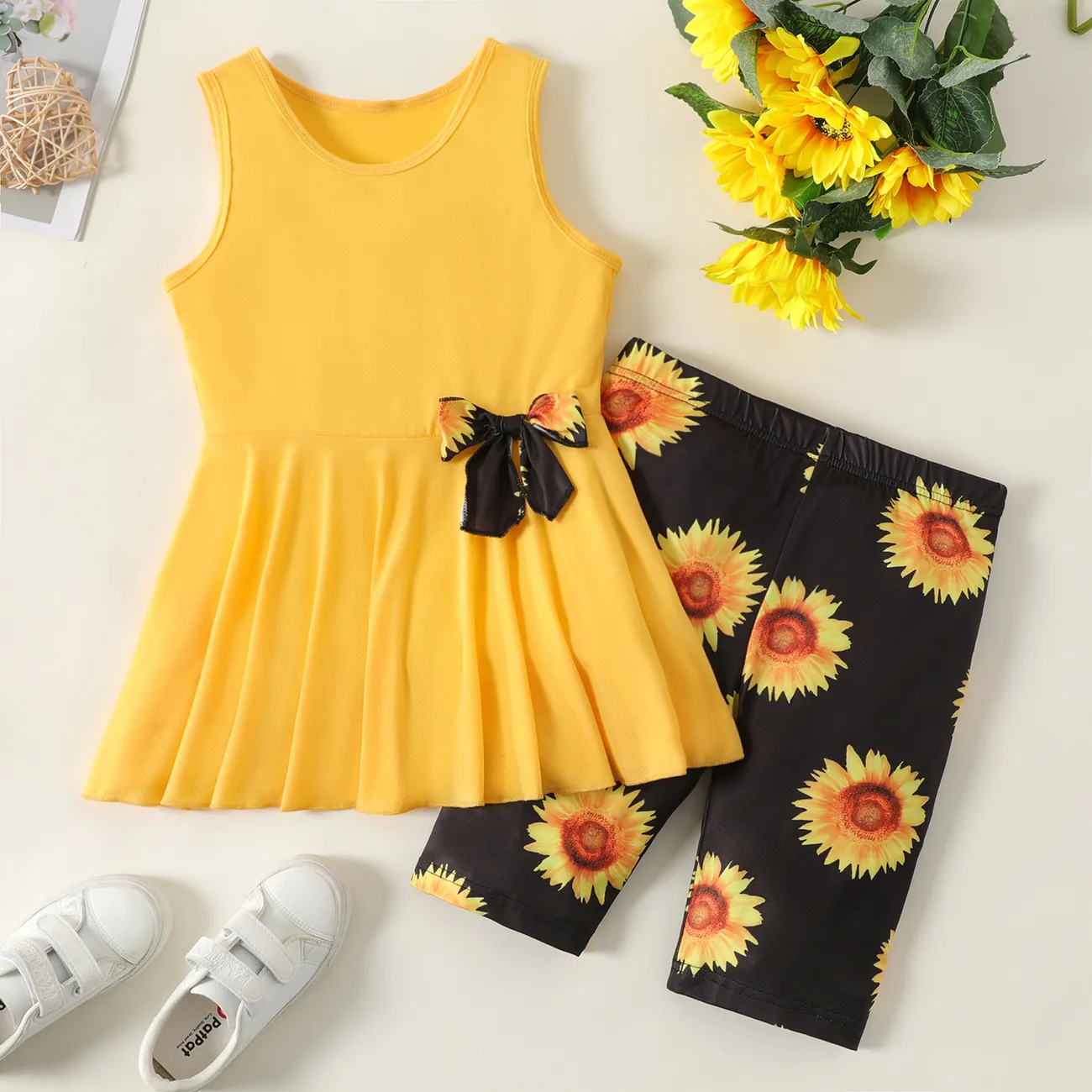 Sweet 2pcs Floral Sleeveless Set for Girls - Hyper-Tactile Big Flower Design Yellow big image 1