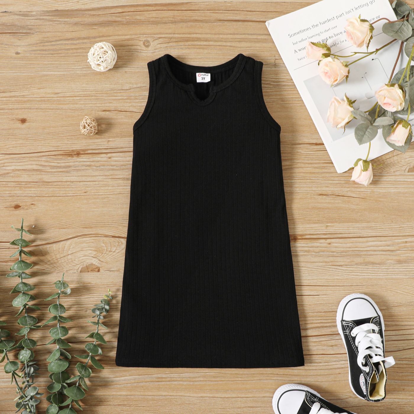 

Toddler Girl Basic Solid Color Ribbed Split Neck Sleeveless Dress