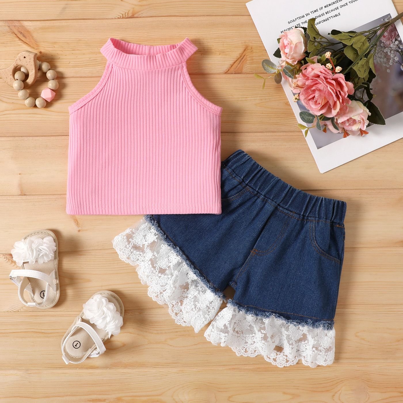 

2pcs Baby Girl 95% Cotton Denim Splice Lace Shorts Ribbed Tank Top Set
