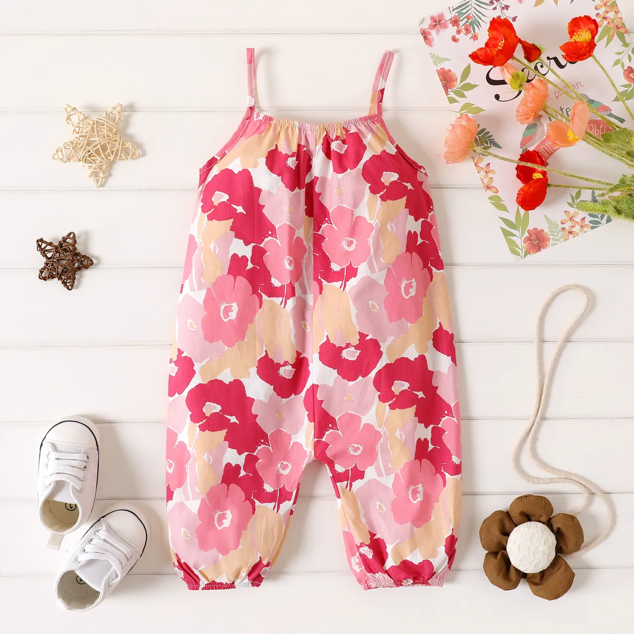100% Cotton Baby Girl All Over Floral Print Cami Jumpsuit Rosy big image 1