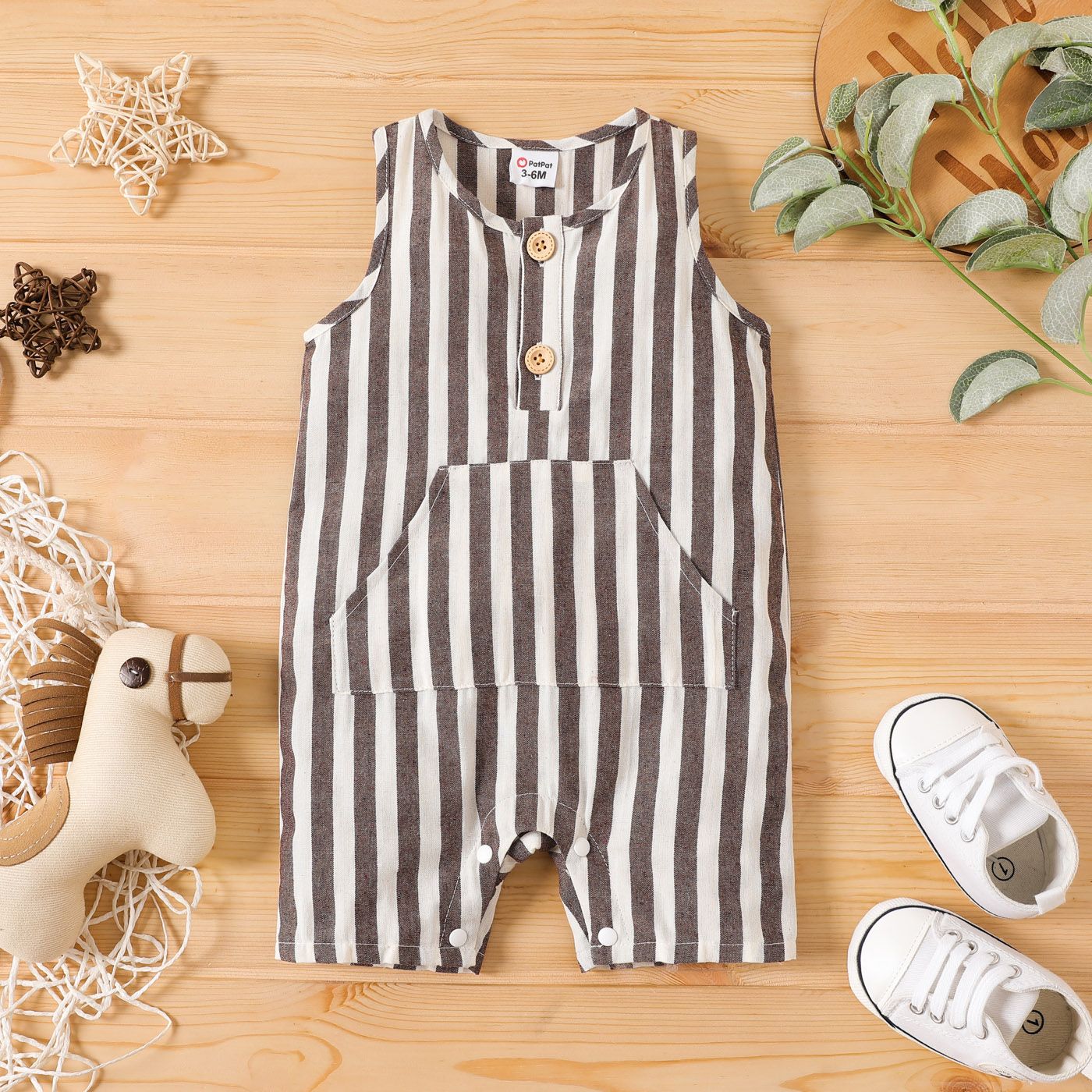 

Baby Boy Button Front Striped Tank Romper with Pocket