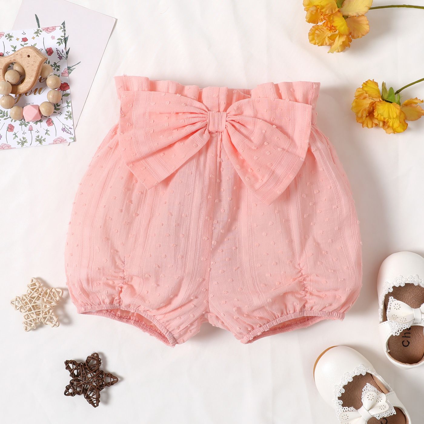 

100% Cotton Baby Girl Solid Bow Front Swiss Dot Shorts