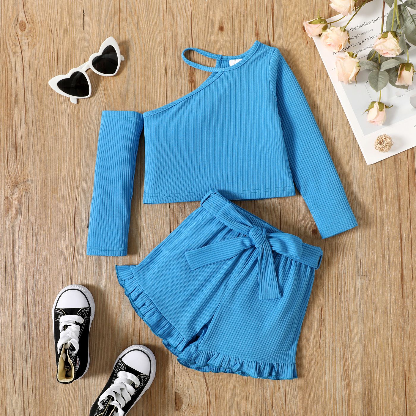 

2pcs Toddler Girl Solid Color Ribbed One Shoulder Long-sleeve Tee and Ruffled Belted Shorts Set