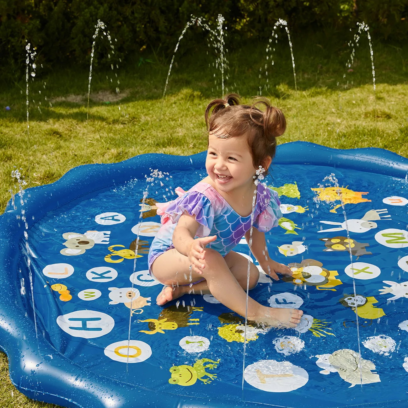 enfants splash pad jet d'eau tapis de jeu arroseur pataugeoire en plein air gonflable eau été jouets avec alphabet Bleu big image 1